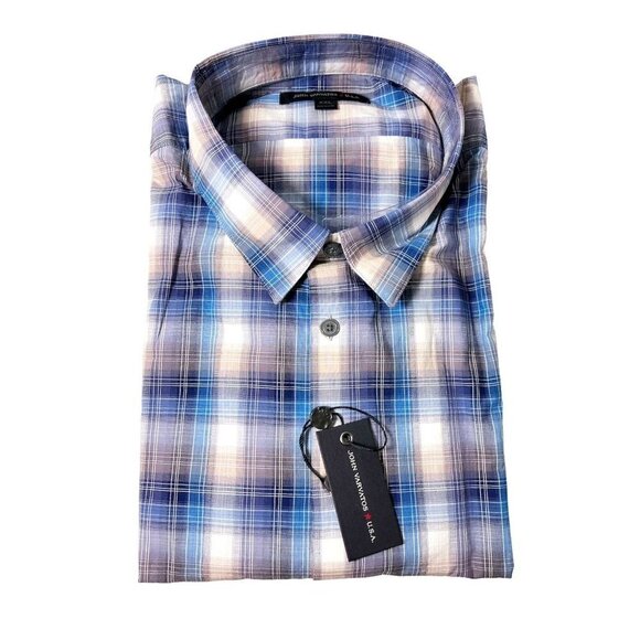 John Varvatos Mens Blue Plaid Collared Lightweight Button Up Shirt Sz XXL New - Picture 2 of 13